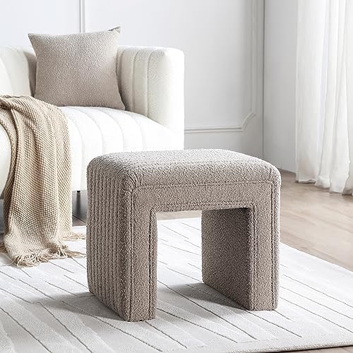 Get Set Style Vanity Stool Chair, Fully Assembled Modern Boucle Ottoman Footstool with Wooden Legs, Multifunctional Upholstered Sofa Bench Extra Seat for Makeup Room Living Room Entryway Office,Taupe