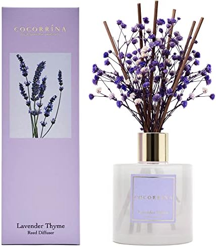 Cocorrína Premium Reed Diffuser Set with Preserved Baby's Breath & Cotton Stick Lavender Thyme | 6.76 Fl.oz Scent Diffuser for Bedroom Bathroom Home Décor