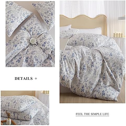 HighBuy 3 Pieces Duvet Cover King Size White Bedding Duvet Cover with Blue Floral Print,Coquette Bedding Soft Cotton Comforter Cover Boho Style,Aesthetic King Bedding Set with Zipper Closure 4 Ties