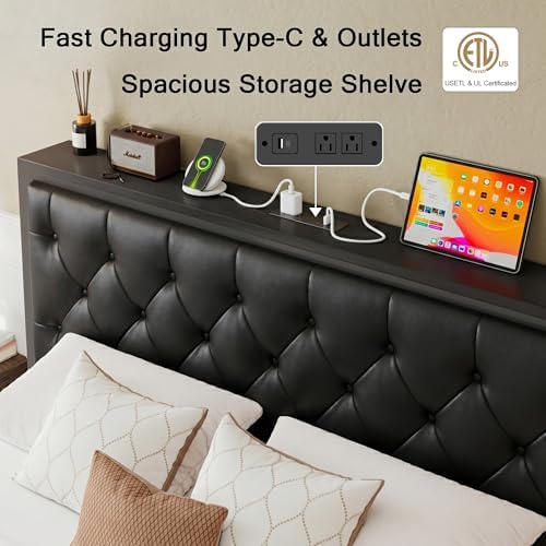 Einhomn Queen Bed Frame with Storage Drawer, Metal Platform Bed with Charging Station, Upholstered Faux Leather Button Tufted Storage Headboard, No Box Spring Needed, Noise-Free, Easy Assembly, Black