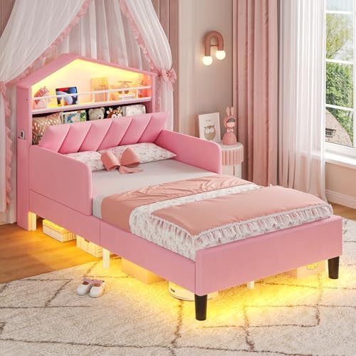 ADORNEVE Girls Twin Bed with Safety Guardrail,Pink