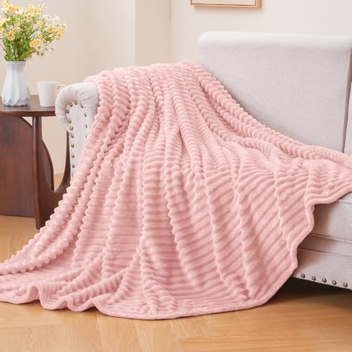BEDELITE 3D Ribbed Light Pink Fleece Throw Blanket for Couch, 50x60 Inch