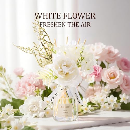 Airkeep Flower Reed Diffuser Set, White Flower Diffuser Gift Set,4.06 fl oz Essential Oil Sticks Diffusers for Bathroom Air Freshener, Aromatherapy Home Fragrance for Shelf Decor,Gift for Women Mom