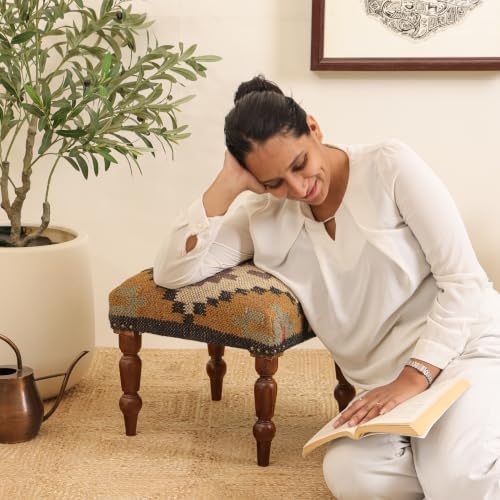 Handmade Jute Ottoman Stool with Wooden Legs | Square Upholstered Foot Rest & Accent Seating | Woven Vanity Stool for Living Room, Bedroom, Hall, Entryway & Home Décor (Yellow)