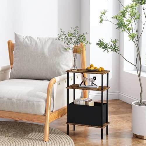 Narrow Side Table with Fabric Basket, Set of 2 End Table for Small Spaces, Slim Nightstand with 3-Tier Storage Shelf, Sofa Beside Table, for Living Room, Bed Room, Rustic Brown