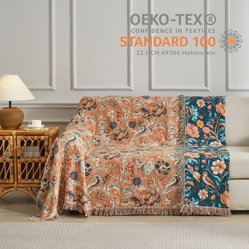 Boho Throw Blanket for Bed 90”x98”, 100% Cotton Blanket for Couch Sofa