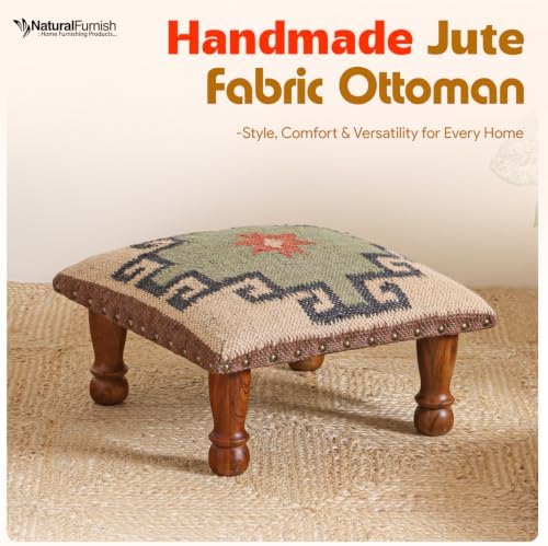 Upholstered Ottoman Footstool with Tribal Aztec Fabric | Rustic Wooden Accent Stool with Turned Legs | Decorative Foot Rest for Bedroom, Living Room & Hallway (White)