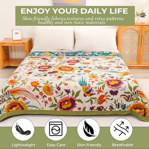 Flower and Bird Boho Throw Blanket for Bed Couch 80"×90"