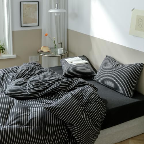 AOJIM Soft Jersey Knit Duvet Cover Twin XL 3Pcs Black-White Striped Bedding