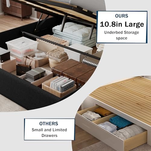 GalnFu Queen Size Bed Frame with Storage, Upholstered Queen Lift up Storage Bed Frame with Charging Station, Button Tufted Headboard, No Box Spring Needed, Easy Assembly, Noise Free, Black