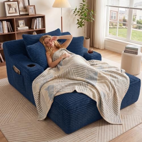 66" Chaise Lounge Chair Indoor, Corduroy Upholstered Reading Chair Oversized Boneless Chair with Deep Seat, Cloud Lounge Chair with 3 Pillows for Living Room, Bedroom, No Assembly Required