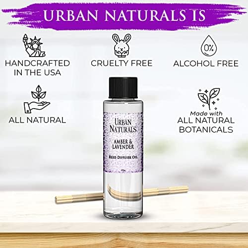 Urban Naturals Reed Diffuser Oil Refill Amber & Lavender, Soothing Lavender, Warm Amber, Calming Room Scent, 4 oz + Free Reed Sticks, Made in the USA