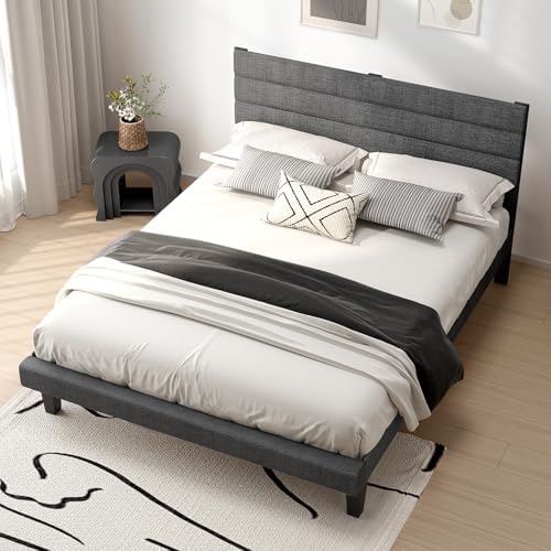 VINGLI Queen Upholstered Platform Bed Frame with Headboard,Linen Dark Gray