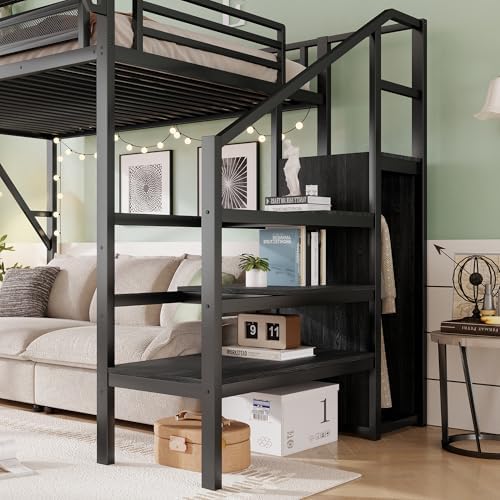 Twin XL Size Metal Loft Bed Frame with Convertible Staircase & Built-in Storage Shelves & Wardrobe, Loft Bed with Slats & Guardrail, No Box Spring Required, Easy Assembly, for Bedroom, Black