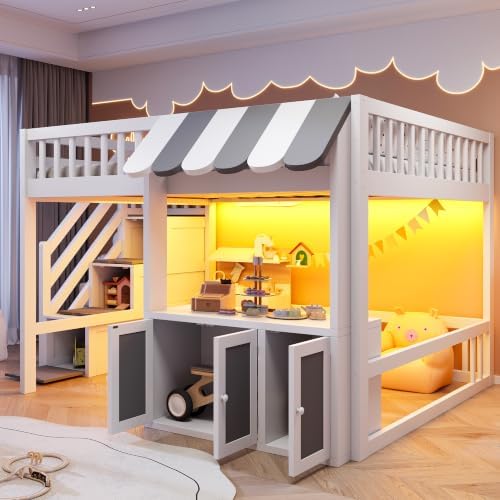 LUMISOL Full Size Loft Bed with Storage Steps and Under Bed Cabinets, Playhouse Loft Bed Frame with LED Light, White+Gray