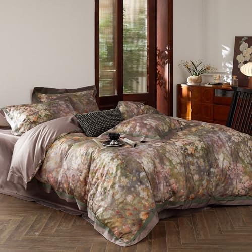 Garden Flower Duvet Cover Set Queen,3 Pieces Pink Floral Duvet Cover with 2 Pillow Shams Smooth Silky Long Staple Cotton Bedding Set-Queen,90x90 Inch