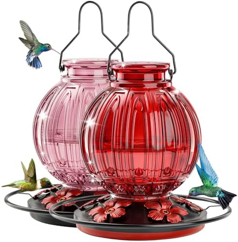 2 Pack Glass Hummingbird Feeder for Outdoors Hanging, Bird Nectar Feeder with Perch & 5 Flower Feeding Ports, 26 Oz Leak Proof for Outside Garden Decor Backyard, Gifts for Women Mom, Red + Pink