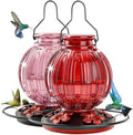 2 Pack Glass Hummingbird Feeder for Outdoors Hanging, Bird Nectar Feeder with Perch & 5 Flower Feeding Ports, 26 Oz Leak Proof for Outside Garden Decor Backyard, Gifts for Women Mom, Red + Pink