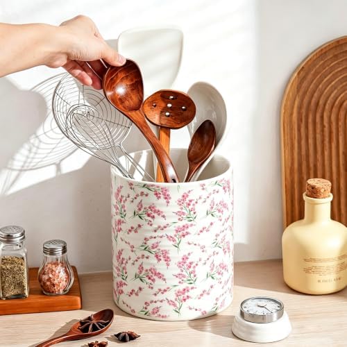 Kitchen Utensil Holder,7.2-inch Extra Large Sturdy Ceramic Cherry Floral Pattern Utensil Crock,Cooking Utensil Organizer for Kitchen Counter Decor,Storage Caddy Farmhouse Gift Pink Blossom