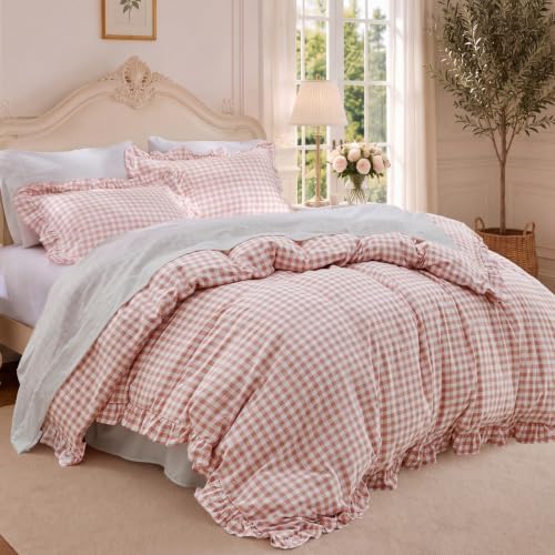 Bedsure Gingham Ruffle Duvet Cover Set, Queen Cotton-Like Quilt Cover, Pink