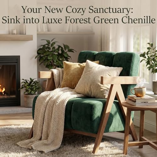 Modern Accent Chair Set of 2 for Living Room Bedroom,Comfy Chenille Reading Chair with Wood Frame,Upholstered Lounge Armchair with Thick High-Elastic Sponge for Apartment & Waiting Room(Green,2)