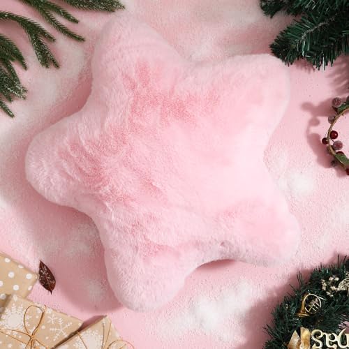 YRXRUS Star Pillows, Christmas Pillows, Light Pink Star Shaped Pillow, Gifts, Cute Plush Throw Pillow Room Decor, Fluffy Faux Rabbit Fur 18"x18", Living Bedroom