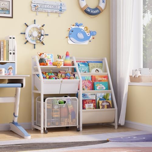 LATIBELL Kids Bookshelf Toy Storage Organizer & 2 Bins，3 Tier White