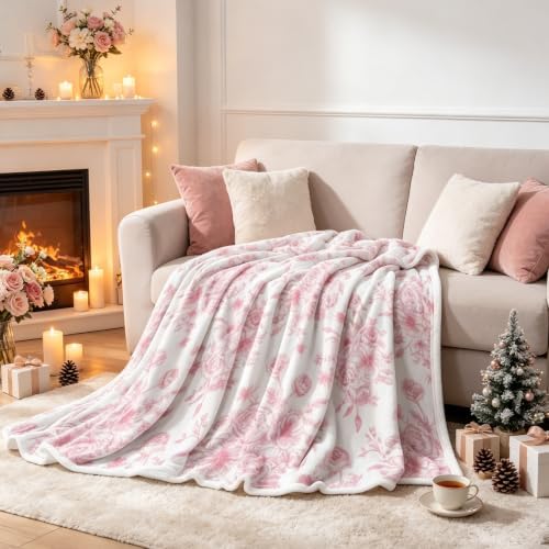 Botanical Floral Blanket, Soft, Flannel, Warm, Boho Floral Bed Blanket All Season Flower Throw Blanket for Couch Bedroom Living Room, Pink 50X60 Inch