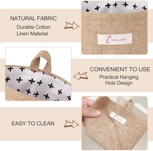 3 PCS Mini Hanging Storage Bag Cotton Linen Small Storage Basket Wall Hanging Storage Pouch Foldable Storage Box Family Organizer Decorative Bag for Key Snack Wallet on Door Closet (A)