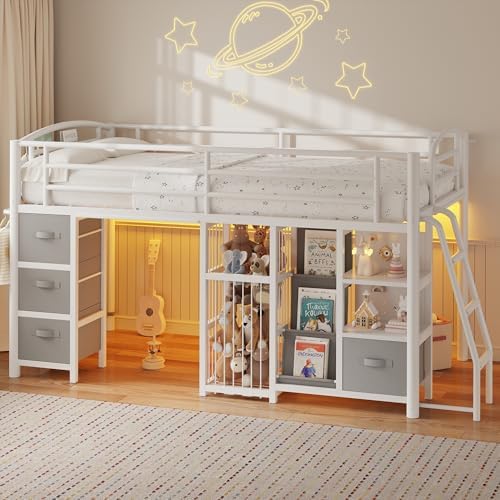 Twin Low Loft Bed, Kids Loft Bed, Storage Drawers, LED Lights, White Gray