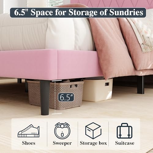 CXVX Queen Size Bed Frame with Diamond Tufted Headboard, Velvet Upholstered Platform Bed and Wooden Slat Support, Noise-Free, No Box Spring Needed, Easy Assembly, Pink
