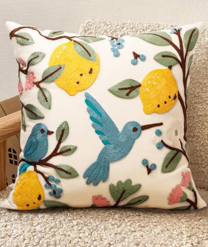 Embroidered Throw Pillow Cover 20x20 Inch, Bird Lemon