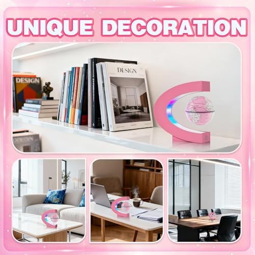 Magnetic Levitation Floating Globes with LED Lights, C Frame Floating Globe Lamp, Cool tech Gadgets for Home Office Desk Accessories, Gifts for Women, Ladies, Girls, Teachers, Colleagues(Pink)