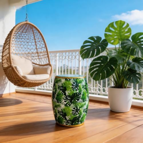 Floral Bird Ceramic Garden Stool, Tropical Rainforest，Green Accent Stool