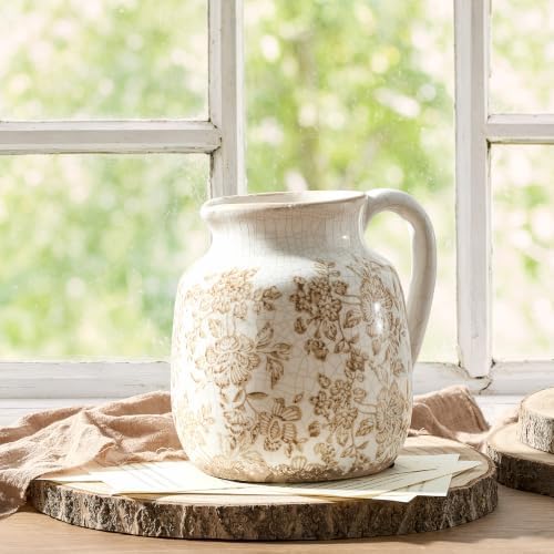 Ceramic Vintage Vase, Utensil Holder, Brown Decorative Flower Vase Chinoiserie Decor Rustic Farmhouse Retro Floral Vases for Table Bookshelf Mantel Kitchen Living Room Office - 6.7” Brown 016