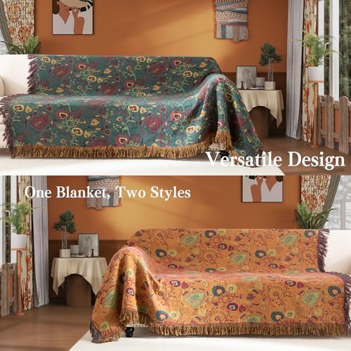 Phuryllic Boho Throw Blanket Queen Size, Oversized Soft Cozy Cotton Muslin Quilt Blanket for Bed Decor, Floral Patterned Couch Sofa Chair Cover, Vintage Farmhouse Cottage Woven Blanket, Green&Orange