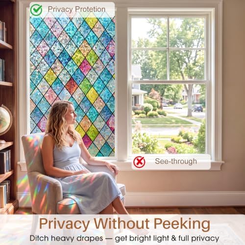 Sunbaby Stained Glass Winodw Film, Rainbow Lattice Stickers, 29.5"x78.7"