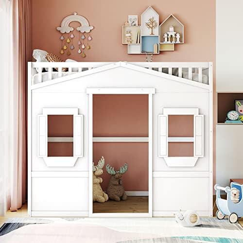 Full Size Loft Bed Space-Saving House Bed Frame with Safety Guard & Ladder for Small Bedroom, White
