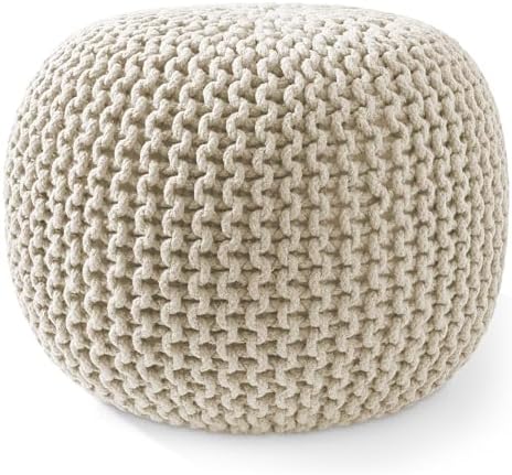 Casafield Round Pouf Ottoman, Natural - 20" Diameter x 14.5" High Cotton Knit Foot Stool - Boho Floor Pouffe for Living Room, Bedroom, Home Office