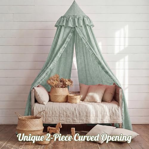 SmoothNovelty Gingham Plaid Bed Canopy, Green White, Round