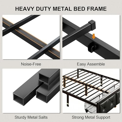 Einhomn Queen Bed Frame with Storage Drawer, Metal Platform Bed with Charging Station, Upholstered Faux Leather Button Tufted Storage Headboard, No Box Spring Needed, Noise-Free, Easy Assembly, Black
