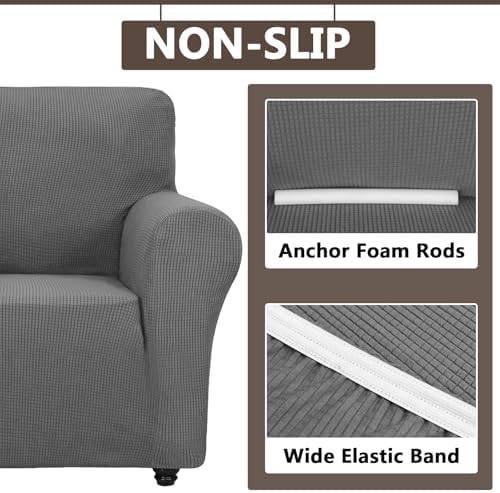 3 Piece Stretch Matching Chair and Ottoman Slipcover Set, Jacquard Arm Chair/Ottoman/Fitted Seat Covers, Non-Slip Accent Armchair and Foot Stool Slip Cover (Gray,3 Pieces Set)
