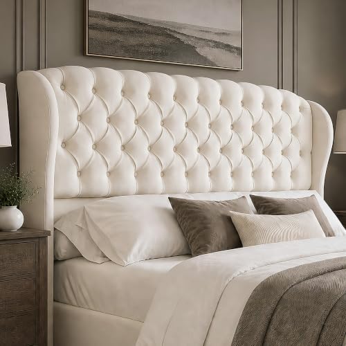AMERLIFE King/Cal King Headboard Only, Velvet Curved Wingback, White