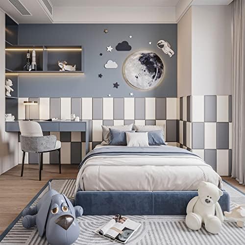YLL YLL Peel and Stick Headboard Grey Upholstered Wall Panels Pack of 4 Panels 3D Anti-Collision Wall Padding Wall Mounted headboard Soundproof Wall Panels