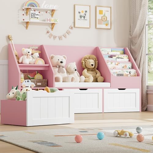 FOTOSOK Kids Bookshelf with Reading Nook, Toy Storage with Seat Cushion