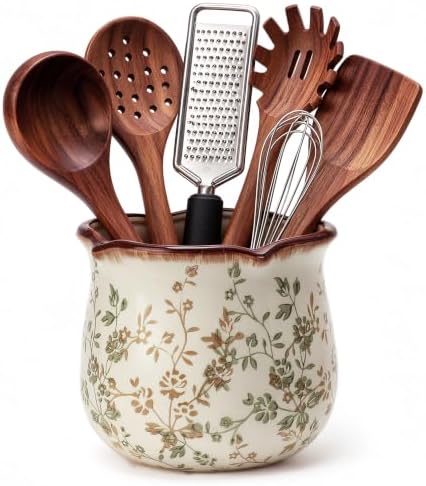 5.7'' Ceramic Utensil Holder for Kitchen Counter, Farmhouse Floral Crock