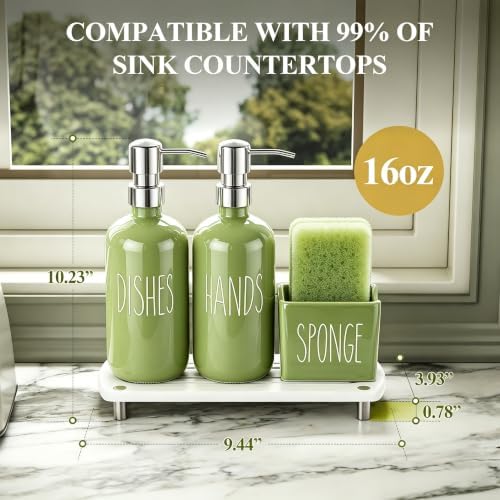 Cisily Olive Green Kitchen Soap Dispenser Set with Ceramics Sponge Holder