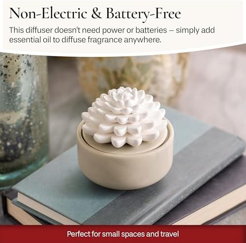 Airomé White Succulent, Porcelain Passive Essential Oil Diffuser (with 15ml Peppermint Essential Oil) – Non-Electric, Battery-Free, Improves Sleep, and Relieves Stress