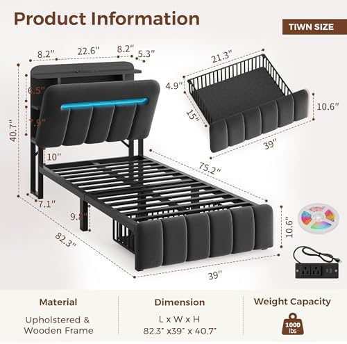 Twin Bed Frames with Storage Headboard for Kids/Boys, Upholstered Black Bed Frame Twin Size with Storage Drawers and Charging Station,Velvet Platform Metal Bed, Noise-Free, No Box Spring Needed