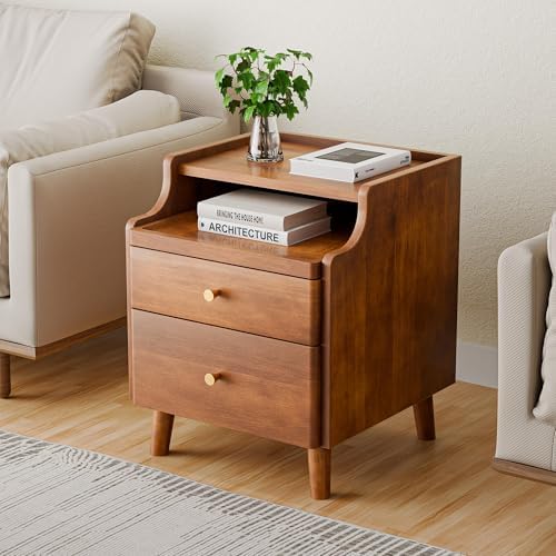 Nightstand Set of 2, Pre-Assembled, 19.7“H Solid Wood Night Stand with 2 Drawers, Open Sliding Shelf, Mid Century Modern Small Bedside Table for Bedroom, Walnut 16"